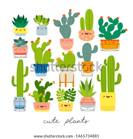 big set with different cute cacti with funny faces in pots on white background. vector illustration set with different cactuses. Cacti stickers set for children
