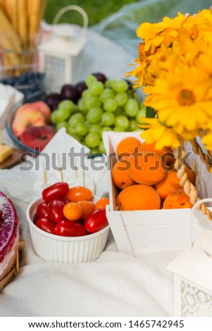 Picnic at the park on the grass: tablecloth, basket, food and accessories, top view