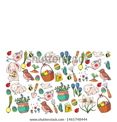 Vector pattern with Easter and spring elements. Eggs in basket, bunny, flowers, birds