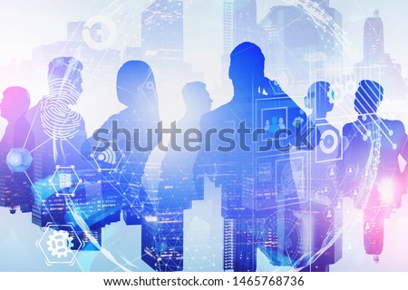Silhouettes of business people in night city with double exposure of global business interface. Concept of hi tech and communication. Toned image