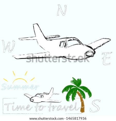 Hello Summer.Holiday.Traveling scene with Sun,airplane and palm.Time to travel.Time for fun.Vacation.