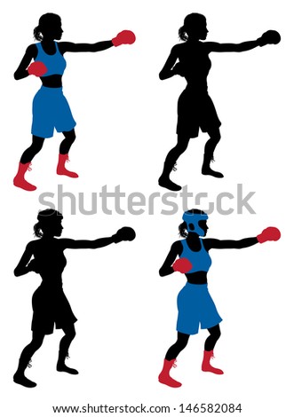 An illustration of a female boxer or boxercise woman boxing or working out. Color and simple silhouette outline versions included, as well as versions with protective headwear and without.