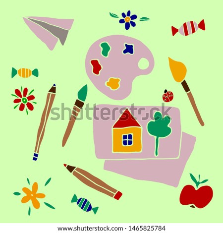 Vector illustration of set for drawing . Colored handdrawn elements: paints, brush, pencils, paper, an apple, a ladybug and flowers.