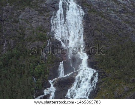 Summer Langfossen waterfall in Norway, drone shot