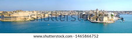 Panoramic View of the Grand Harbour of Valletta, Malta.  Medieval forts with bastions,  Three City of Birgu, Senglea and Cospicua Fortifications.