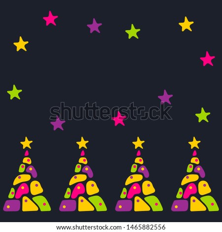 Abstract vector card in trendy memphis 80s-90s style. Bright Christmas trees, Mosaic. Place for text, dark background, vector