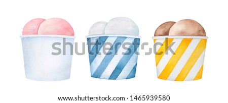 Cute multicolor set of various ice cream sorts in different paper cup containers. Hand painted water color sketchy drawing on white background, cutout clip art elements for creative design decoration.