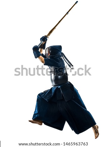 Kendo martial arts fighters in silhouette isolated on white bacground (the japanese script is the name of the fighter ,blank is for the beginners regarding rules ) Royalty-Free Stock Photo #1465963763
