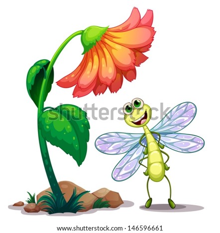 Illustration of a smiling dragonfly below the giant flower on a white background 