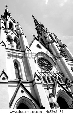 Picture of a cathedral from the ground in black and white.