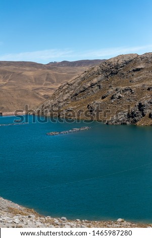 Aerial drone view of Hight altitude lake of Lima region, near to Lima, Peru.