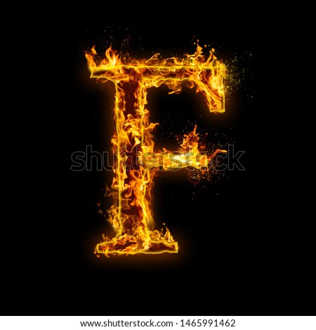 Letter F. Fire flames on black isolated background, realistick fire effect with sparks. Part of alphabet set