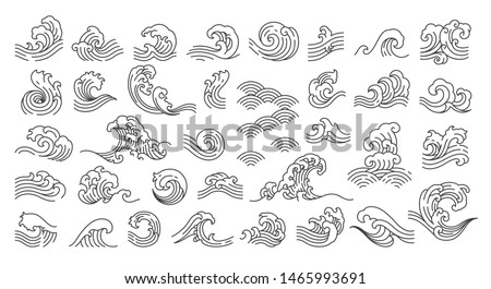 Set of oriental wave illustration. Japan wave. Japanese pattern. Linear style. - Vector. Royalty-Free Stock Photo #1465993691