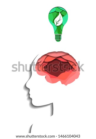 Layered human brain and eco light bulb cut out of pape on white background. Paper cut origami. Eco friendly idea and innovation. Vector 3d illustration for article, banner and your design