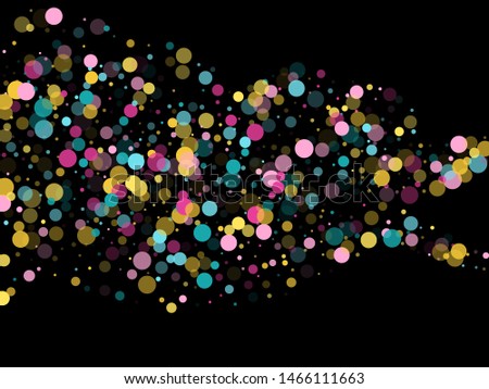 Memphis round confetti festive background in blue, magenta and yellow on black.  Childish pattern vector, children's party birthday celebration background.  Holiday confetti circles in memphis style.