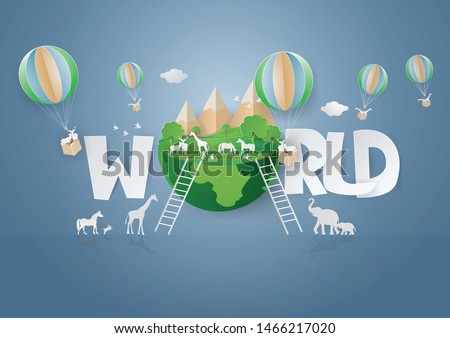 SAVE the World environment and Animals  Wildlife concept with The animals travel from pollution to the green world in green background.paper craft style vector and illustration.