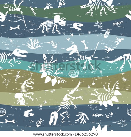 Seamless silhouettes dino skeletons. Hand drawn vector illustration. Seamless pattern, realistic sketch collection of bones. Royalty-Free Stock Photo #1466256290