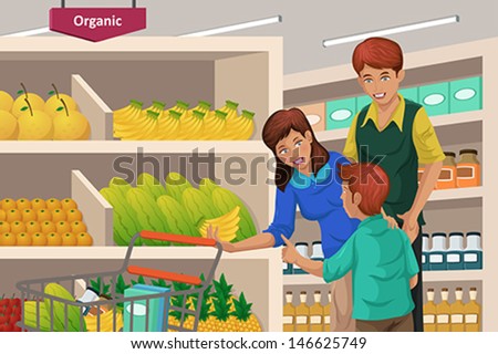 A vector illustration of a happy family shopping fruits in a supermarket