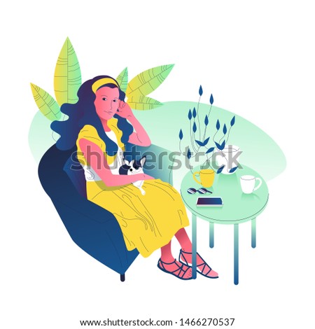 Beautiful hand drawn flat style girl with long hair is sitting in cafe with a small dog on her lap. Isolated on white background. Stock illustration.
