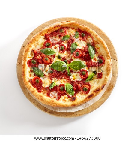 Pizza Margarita or Margherita with Cherry Tomatoes, Mozzarella Cheese and Tomato Sauce Isolated on White Background. Traditional Italian Whole Yeasted Flatbread on Wooden Plate Baked in Oven Top View