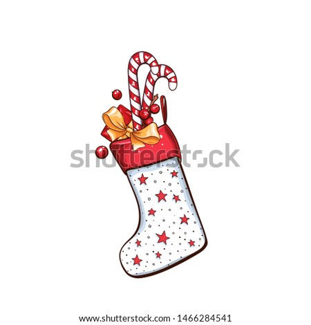 Christmas or New Year santa claus sock with stripped candy canes and red holly berries, gift box, toys and bow isolated vector illustration. Freehand gold decor for winter holidays