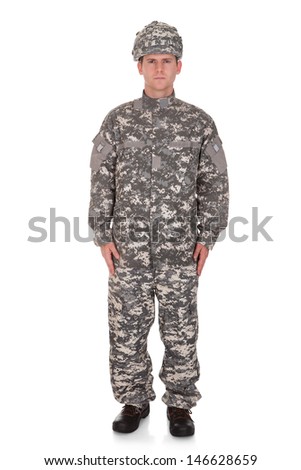 Portrait Of Serious Solider Isolated Over White Background