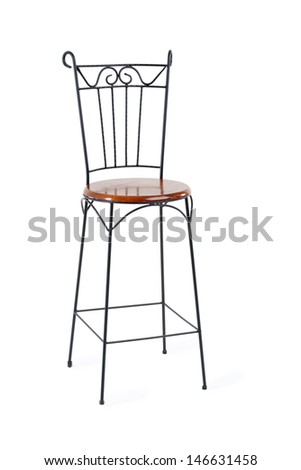 High wrought-iron chair with wooden seat isolated on white background.