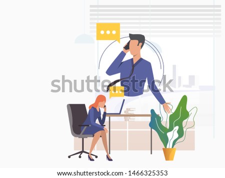Office workers speaking on mobile phones. Man and woman with speech bubble at workplace. Communication concept. Vector illustration can be used for topics like phone negotiation dialogue