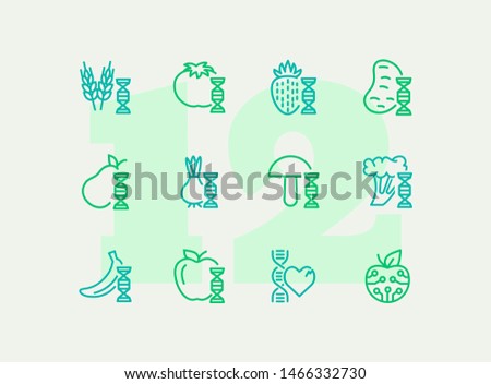 Genetically modified food line icon set. Gene, vegetable, fruit. Food concept. Can be used for topics like biotechnology, agriculture, food industry