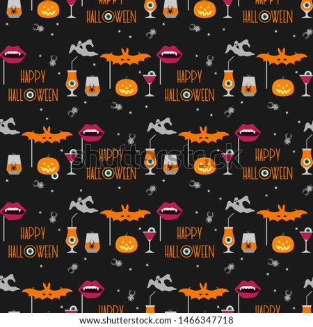 Halloween party 2020. Vector seamless pattern with inscription Happy Halloween, eye, bat mask, vampire mouth mask, glasses, spider, pumpkin, ghosts. Design for party card, fabric, print