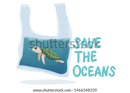 plastic pollution in ocean environmental problem concept.  poor turtle swim inside plastic bag with text save the oceans Royalty-Free Stock Photo #1466348339