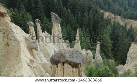 The earth pyramids of Platten (German: Erdpyramiden von Platten or Erdpyramiden bei Oberwielenbach; Italian: Piramidi di Plata) are earth pyramids located in Percha, near Bruneck in South Tyrol, Italy Royalty-Free Stock Photo #1466363666