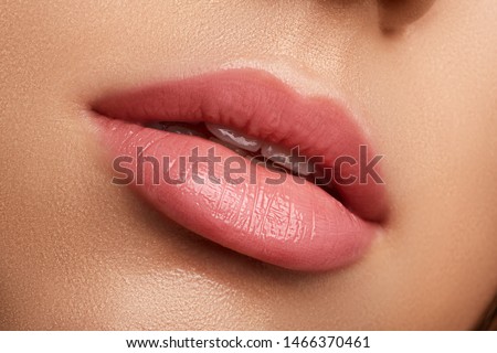 Perfect natural lip makeup. Close up macro photo with beautiful female mouth. Plump full lips. Royalty-Free Stock Photo #1466370461