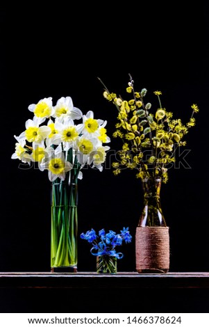 bouquet of flowering branches of willow and dogwood in a vase, bouquet of narcissus flower and bouquet of bluebell flower in a vaset on the table on a black background