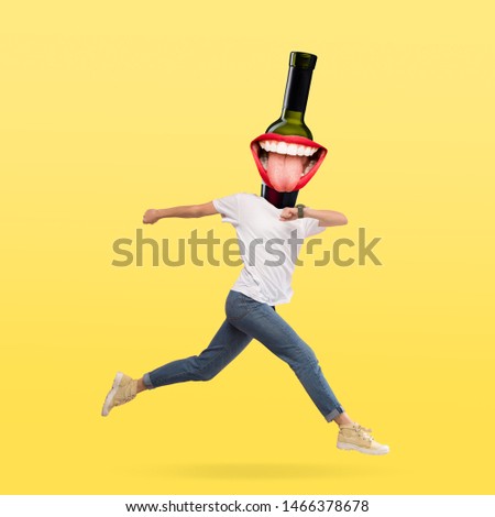 Female body in jeans, white shirt headed by red wine bottle with big mouth on yellow background. Negative space to insert your text. Modern design. Contemporary art collage. Vacation, summer, resort.