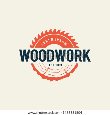 Sawmill emblem logo vector for carpentry, woodworkers, lumberjack, sawmill service.Isolated on white background Royalty-Free Stock Photo #1466381804