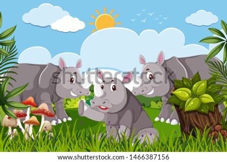 Rhinos in jungle scene illustration