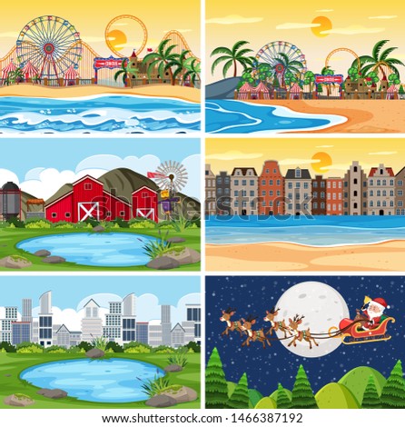 A set of outdoor scene including beach illustration