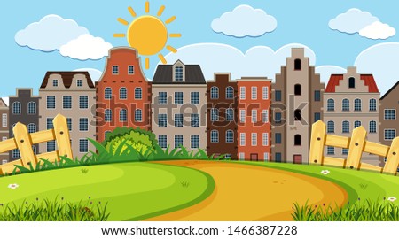 An outdoor scene with Amsterdam house illustration