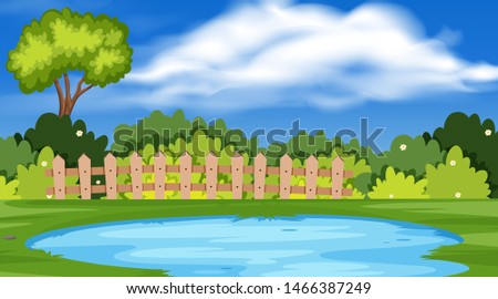 Landscape background design with pond in park illustration