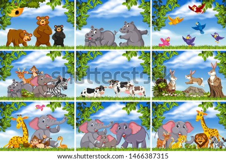 Set of various animals in nature scenes illustration