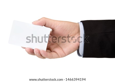Hand hold blank white loyalty card mockup with rounded corners isolated on white with clipping path