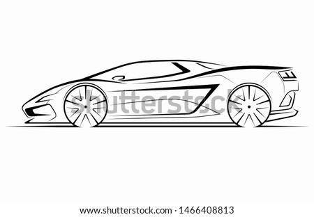 Hand drawn modern sports car silhouette. Side view of supercar. Can be used as a part of an emblem, label, icon, logo. Vector illustration Royalty-Free Stock Photo #1466408813