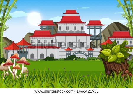 An outdoor scene with Asian castle illustration