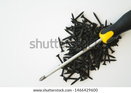 Black screws of self-tapping screws of same sizes with the screwdriver isolated on white background.