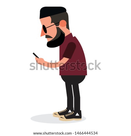 The bearded man is standing holding a smartphone. Can be used as an illustration