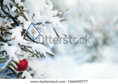 West Virginia flag. Christmas tree branch with a flag of West Virginia state. Xmas holidays greetings card. Winter landscape outdoors.