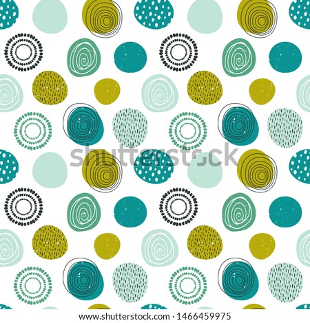 Beautiful vector seamless pattern in simple scandinavian style. Abstract colorful round shapes on white background. Repeating wallpaper. Trendy design for textile, fabric, surfaces, paper wrapping.