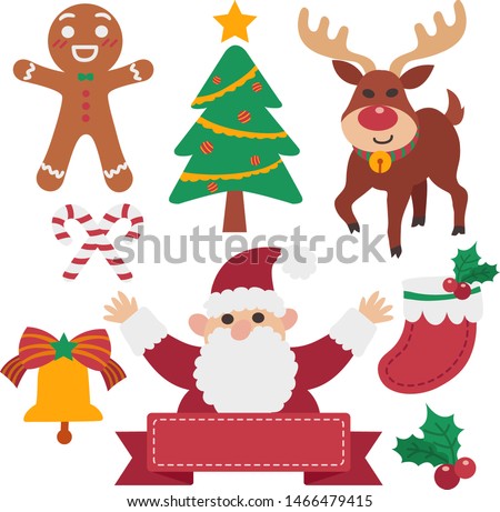 Cute Christmas vector set. Cartoon reindeer, Santa Claus, x'mas tree, gingerbread man, golden bell, mistletoe, sock, banner in flat style. Merry Christmas greeting card, graphics, clip art elements.