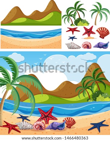 Nature landscape of seaside with starfish on beach illustration